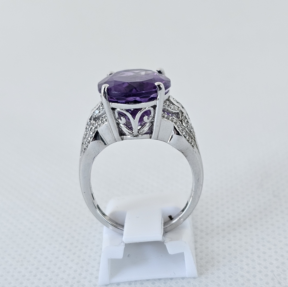 Natural Morrocan Amethyst & White Zircon Ring Sterling Silver Rhodium Sz 7 - Picture 5 of 10